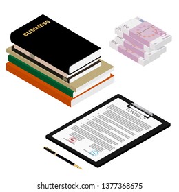 Contract agreement concept stack of money, business books, contract and pen isomateric view
