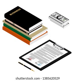 Contract agreement concept stack of money, business books, contract and pen isometric view