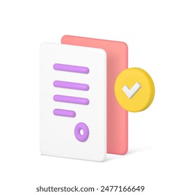 Hoja de papel de confirmación de documento de Acuerdo de contrato con marca de verificación 3d icono Ilustración vectorial realista. Informe de papeleo de control de información de formulario de solicitud de comprobación de éxito de negocio