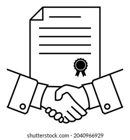 Icono de documento de contrato en el estilo de esquema relleno con marca de cinta y apretón de manos. Estilo plano. Vector, diseño, símbolo, ilustración.
