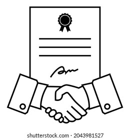 Contract agreement document icon in filled outline style with ribbon stamp, signature and handshake. Flat style. Vector, design, symbol, illustration.