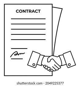 Icono de documento de contrato en el estilo de esquema rellenado con firma y apretón de manos. Estilo plano. Vector, diseño, símbolo, ilustración.