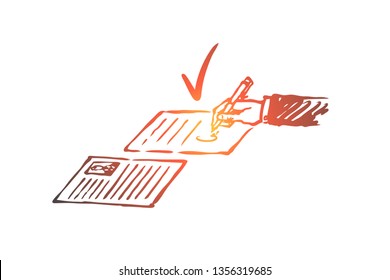 Contract, agreement, document, paper, signature concept. Hand drawn person signs a document concept sketch. Isolated vector illustration.