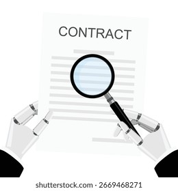 Documento de Acuerdo de contrato con firma y manos robóticas sosteniendo lupa. Acuerdo comercial, Acuerdo financiero, préstamo o concepto de revisión de contrato de dinero. Ilustración vectorial