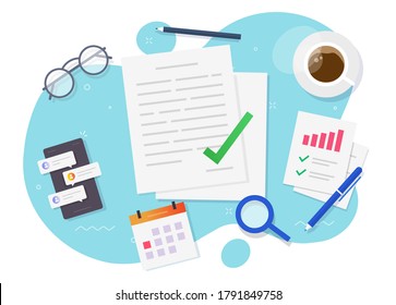 Contract or agreement document signed with success deal deal on workplace desk table flat lay vector flat cartoon illustration, legal paper sheet doc passed, text and approved signature modern