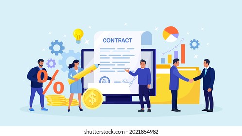 Contract Agreement. Electronic Document Signature. Tiny Business People Inspecting Contract Document, Reading Privacy Policy and Terms and Conditions. Businessman Signing Official Paper. Vector design