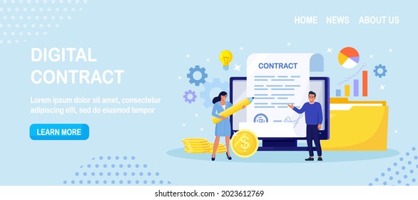 Contrato. Firma electrónica del documento. Pequeñas personas de negocios inspeccionan documentos de contrato, leyendo la política de privacidad y los términos y condiciones. Empresario Firmando Papel Oficial. Diseño de vectores