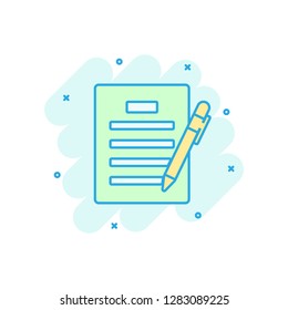 Contract agreement icon in comic style. Document sheet with pen vector cartoon illustration pictogram. Contract arrangement business concept splash effect.