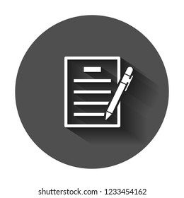 Contract agreement icon in flat style. Document sheet with pen vector illustration with long shadow. Contract arrangement business concept.