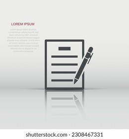 Contract agreement icon in flat style. Document sheet with pen vector illustration on white isolated background. Contract arrangement business concept.