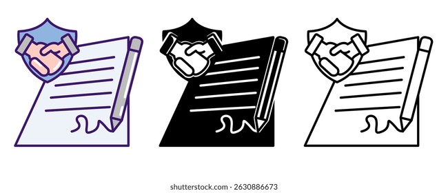 Contract Agreement icon represented by papaer, sign, handshake Line, Filled, Color style.