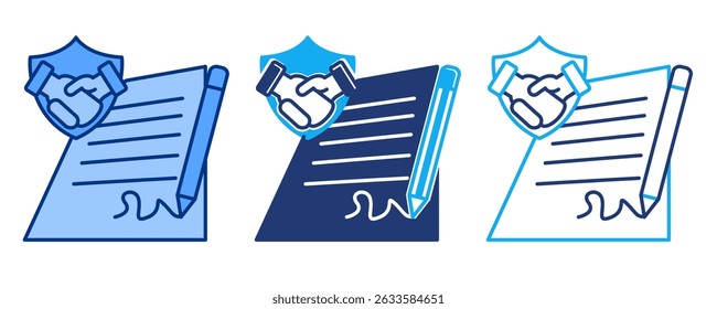 Icono de Acuerdo de contrato representado por papel, signo, apretón de manos azul, Dualline, estilo Dualtone.