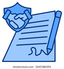 Contractovereenkomst pictogram vertegenwoordigd door papier, teken, handdruk Blauwe stijl.
