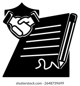 Contractovereenkomst pictogram vertegenwoordigd door papier, teken, handshake Black Gevulde stijl.