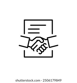 Contract agreement icon. Simple contract agreement icon featuring a handshake over a document, ideal for illustrating partnerships in social media, app, and web design. Vector illustration