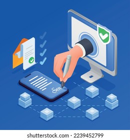 Contract agreement isometric composition with human hand putting electronic signature on blue background 3d vector illustration