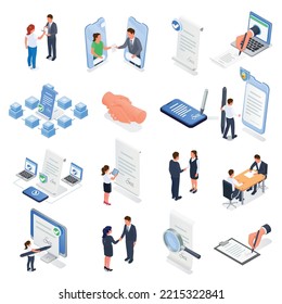 Contract agreement isometric set of isolated icons with human characters paper signatures verification signs and gadgets vector illustration