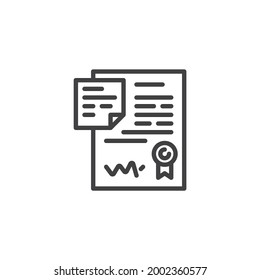 Icono de línea de contrato. signo de estilo lineal para concepto móvil y diseño web. Icono de vector de esquema de documento de contrato y papel de nota. Símbolo, ilustración del logotipo. Gráficos vectoriales