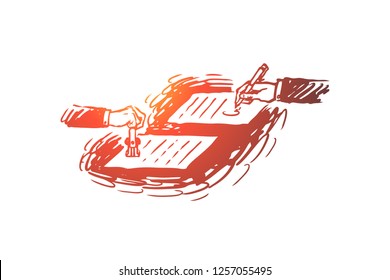 Contract, agreement, notary concept. Two hands sign the contract on a table. Hand drawn sketch isolated illustration