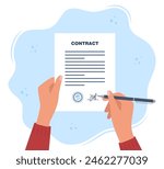 Contract agreement paper blank on clipboard. Hand signing agreement. Contract with seal and signature