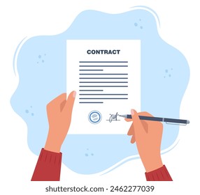 Contract agreement paper blank on clipboard. Hand signing agreement. Contract with seal and signature