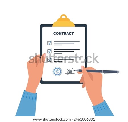 Contract agreement paper blank on clipboard. Hand signing agreement. Contract with seal and signature