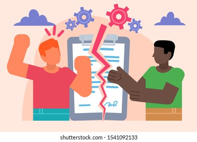 Contract or agreement termination, violation. Two businessmen argue, in conflict stand near torn document. Poster for social media, web page, banner, presentation. Flat design vector illustration