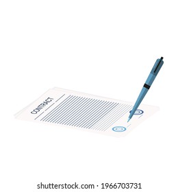 Contrato, ilustración vectorial de acuerdo. Documento o lista de verificación del proceso de firma de bolígrafos. Formulario financiero comercial aprobado 
con un sello. Contrato de afiliación, tratado sobre pago, compra, entrega