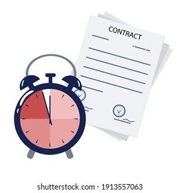 Contract and alarm clock. The document is about to expire. The concept of controlling or scheduling time to sign a new contract. Time is running out. Vector illustration. Flat style.