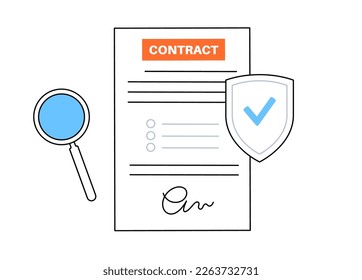 Contract analysis or audit. Document review concept. Magnifying glass, paper with text. Symbol of information search. Inspection bylaw and legal verification. Proofreading process vector illustration.