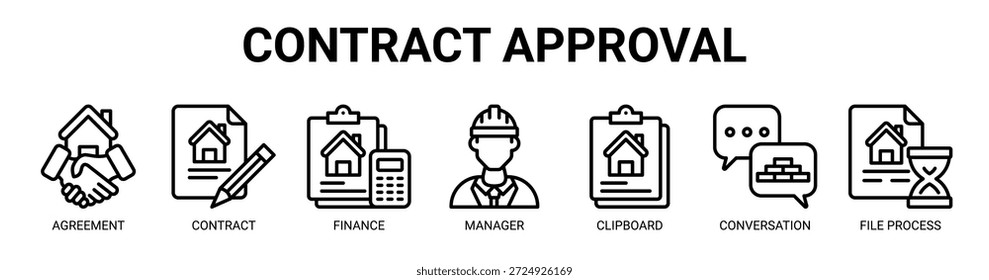 Concepto de Ilustración vectorial de icono de Anuncio de Web de Aprobación de contrato para negocios con icono de Acuerdo, contrato, finanzas, gerente, Portapapeles, conversación, proceso de archivo.