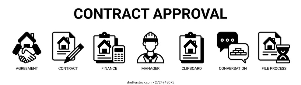 Concepto de Ilustración vectorial de icono de Anuncio de Web de Aprobación de contrato para negocios con icono de Acuerdo, contrato, finanzas, gerente, Portapapeles, conversación, proceso de archivo.