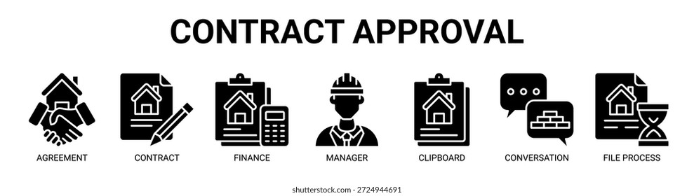Concepto de Ilustración vectorial de icono de Anuncio de Web de Aprobación de contrato para negocios con icono de Acuerdo, contrato, finanzas, gerente, Portapapeles, conversación, proceso de archivo.