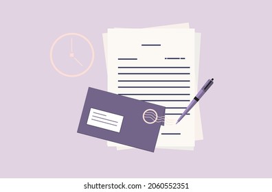 Contract or approved by signature. Business agreement on paper page in an envelope. The concept of the time, financial contract, treaty successful transaction. Instance with email message. Vector