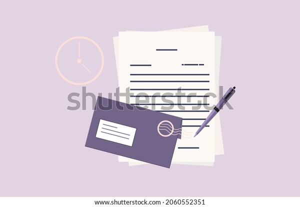 Contract or approved by signature. Business\
agreement on paper page in an envelope. The concept of the time,\
financial contract, treaty successful transaction. Instance with\
email message. Vector
