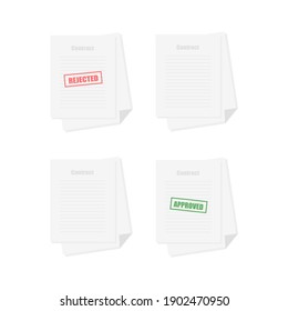 Contract approved or rejected. Document with seal. Vector flat illustration. Sign a contract, treaty, agreement. Top view. Concept of paperwork, business doc.