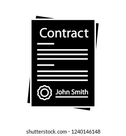 Contract auditing glyph icon. Agreement. Business deal. Signed contract. Financial inspection. Silhouette symbol. Negative space. Vector isolated illustration
