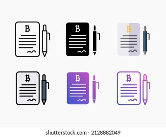 Juego de iconos de bitcoin de contrato con línea, contorno, plano, relleno, glifo, color, gradiente. Actrazo editable y píxel perfecto. Se puede usar para productos digitales, presentación, diseño de impresión y más.