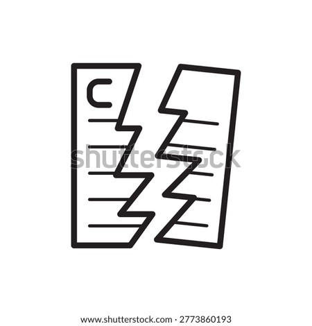 Contract breach vector icon. A document with a copyright symbol torn down the middle in a jagged line. Ideal for legal disputes, broken agreements, copyright infringement, and contract termination.