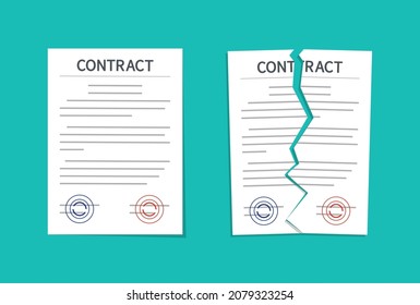 Contract and break contract. Breach and terminate of paper document. Cancel, torn and rip of agreement for law. Termination deal in business. Failure in partnership. Icon of disagree in work. Vector.