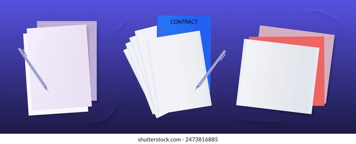 Contract, business agreement on a paper page. Partnership document on concluding a deal, transaction. Registration form, commercial project, legal file. Financial paper list, insurance policy. Vector.