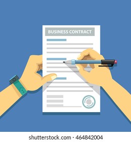 Contract - business vector concept with hands,pen and paper document