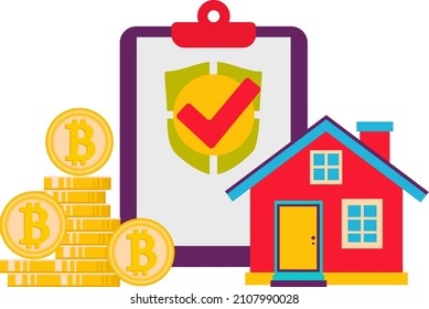 Contrato. Comprar una casa usando la moneda de Bitcoin. Un contrato innovador. Pago con bitcoins.Ilustración vectorial.