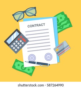 Contract with calculator, pen, glasses, credit card and dollar banknote. Pile of document , top view.  Modern flat design graphic elements for web banners, web sites, infographics.  Business concept