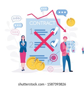 Contract cancelation. Termination of the contract, broke the agreement partners, Vector illustration for web banner, infographics, mobile. Business fail, 