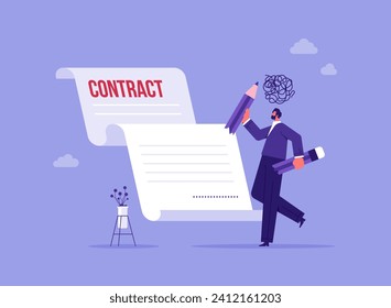 Contract cancellation or agreement terminated concept, partnership breaking signed business deal, angry businessman holding big broken pencil in his hands