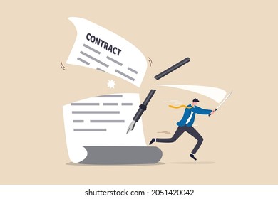 Contract cancellation or agreement terminated, partnership breaking signed business deal, code of conduct mistake concept, confident businessman using sword to cut agreement contract document apart.