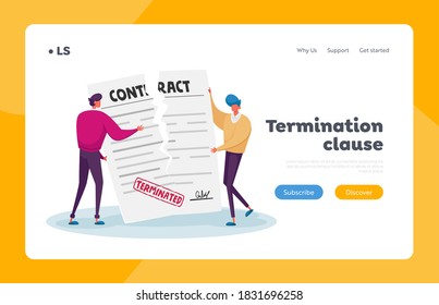 Contract Cancellation, Agreement Termination Landing Page Template. Tiny Characters Tearing Huge Paper Sheet with Terminated Contract. Businessmen at Workspace. Cartoon People Vector Illustration