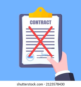Contract cancellation business concept. Hand holds clipboard with Terminated tearing contract paper sheet breach flat style design vector illustration isolated on white background.