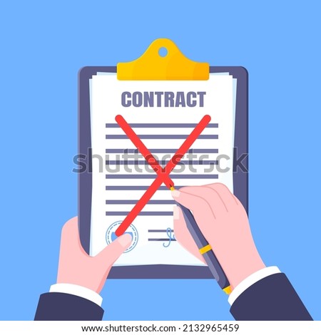 Contract cancellation business concept. Hand holds clipboard with Terminated tearing contract paper sheet breach flat style design vector illustration isolated on white background.